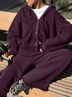 Athleisure Set For Active Women - Plum Hooded Zip-up Wide Leg Tracksuit - 2026 Spring Lounge & Yoga Wear