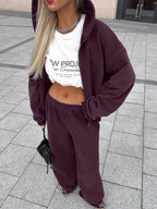 Athleisure Set For Active Women - Plum Hooded Zip-up Wide Leg Tracksuit - 2026 Spring Lounge & Yoga Wear