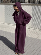 Athleisure Set For Active Women - Plum Hooded Zip-up Wide Leg Tracksuit - 2026 Spring Lounge & Yoga Wear