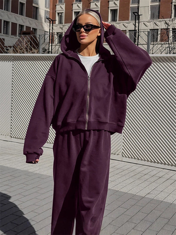 Athleisure Set For Active Women - Plum Hooded Zip-up Wide Leg Tracksuit - 2026 Spring Lounge & Yoga Wear