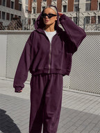 Athleisure Set For Active Women - Plum Hooded Zip-up Wide Leg Tracksuit - 2026 Spring Lounge & Yoga Wear