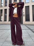 Athleisure Set For Active Women - Plum Hooded Zip-up Wide Leg Tracksuit - 2026 Spring Lounge & Yoga Wear