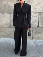 Hourglass Blazer Set For Office Lady - Black Modern Pleated Cinched Waist Tailoring - 2026 Spring Workwear Suit