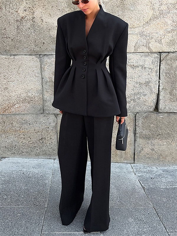 Hourglass Blazer Set For Office Lady - Black Modern Pleated Cinched Waist Tailoring - 2026 Spring Workwear Suit