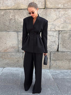 Hourglass Blazer Set For Office Lady - Black Modern Pleated Cinched Waist Tailoring - 2026 Spring Workwear Suit
