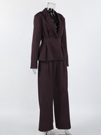Deep Brown Peplum Blazer Suit For Women - Chic Pleated Waist Slim Fit Wide Leg Pants Set - Spring Office Lady Outfit 2026