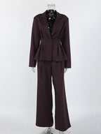 Deep Brown Peplum Blazer Suit For Women - Chic Pleated Waist Slim Fit Wide Leg Pants Set - Spring Office Lady Outfit 2026