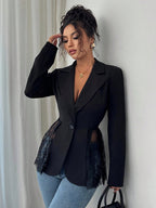Lace Patchwork Women's Blazer Jacket - Sexy Sheer Hem Slim Fit - Spring Night Out Party Outerwear 2026