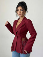 Lace Patchwork Women's Blazer Jacket - Sexy Sheer Hem Slim Fit - Spring Night Out Party Outerwear 2026