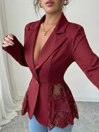 Lace Patchwork Women's Blazer Jacket - Sexy Sheer Hem Slim Fit - Spring Night Out Party Outerwear 2026