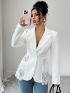 Lace Patchwork Women's Blazer Jacket - Sexy Sheer Hem Slim Fit - Spring Night Out Party Outerwear 2026