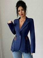 Lace Patchwork Women's Blazer Jacket - Sexy Sheer Hem Slim Fit - Spring Night Out Party Outerwear 2026