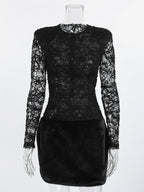Black Lace Faux Fur Women Mini Dress - Sexy Long Sleeve Sheer Top - Goth Aesthetic Spring Night Out Cocktail Party 2026