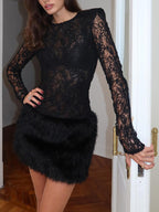 Black Lace Faux Fur Women Mini Dress - Sexy Long Sleeve Sheer Top - Goth Aesthetic Spring Night Out Cocktail Party 2026