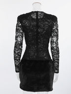Black Lace Faux Fur Women Mini Dress - Sexy Long Sleeve Sheer Top - Goth Aesthetic Spring Night Out Cocktail Party 2026
