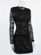 Black Lace Faux Fur Women Mini Dress - Sexy Long Sleeve Sheer Top - Goth Aesthetic Spring Night Out Cocktail Party 2026