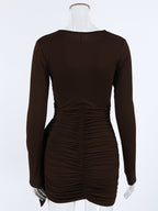 Chic Women's Coffee Bodycon Dress - Sexy Ruched Design Long Sleeve Mini Cut - Minimalist Spring Clubwear 2026