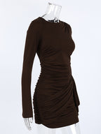 Chic Women's Coffee Bodycon Dress - Sexy Ruched Design Long Sleeve Mini Cut - Minimalist Spring Clubwear 2026
