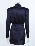 Padded Shoulder Women's Ruched Bodycon Dress - Classy Mock Neck Satin Mini Dress - Quiet Luxury Spring Cocktails Outfit 2026