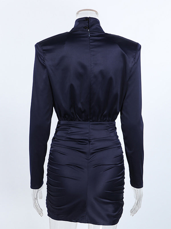 Padded Shoulder Women's Ruched Bodycon Dress - Classy Mock Neck Satin Mini Dress - Quiet Luxury Spring Cocktails Outfit 2026