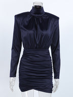 Padded Shoulder Women's Ruched Bodycon Dress - Classy Mock Neck Satin Mini Dress - Quiet Luxury Spring Cocktails Outfit 2026