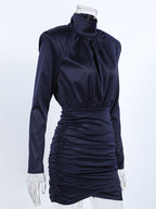 Padded Shoulder Women's Ruched Bodycon Dress - Classy Mock Neck Satin Mini Dress - Quiet Luxury Spring Cocktails Outfit 2026