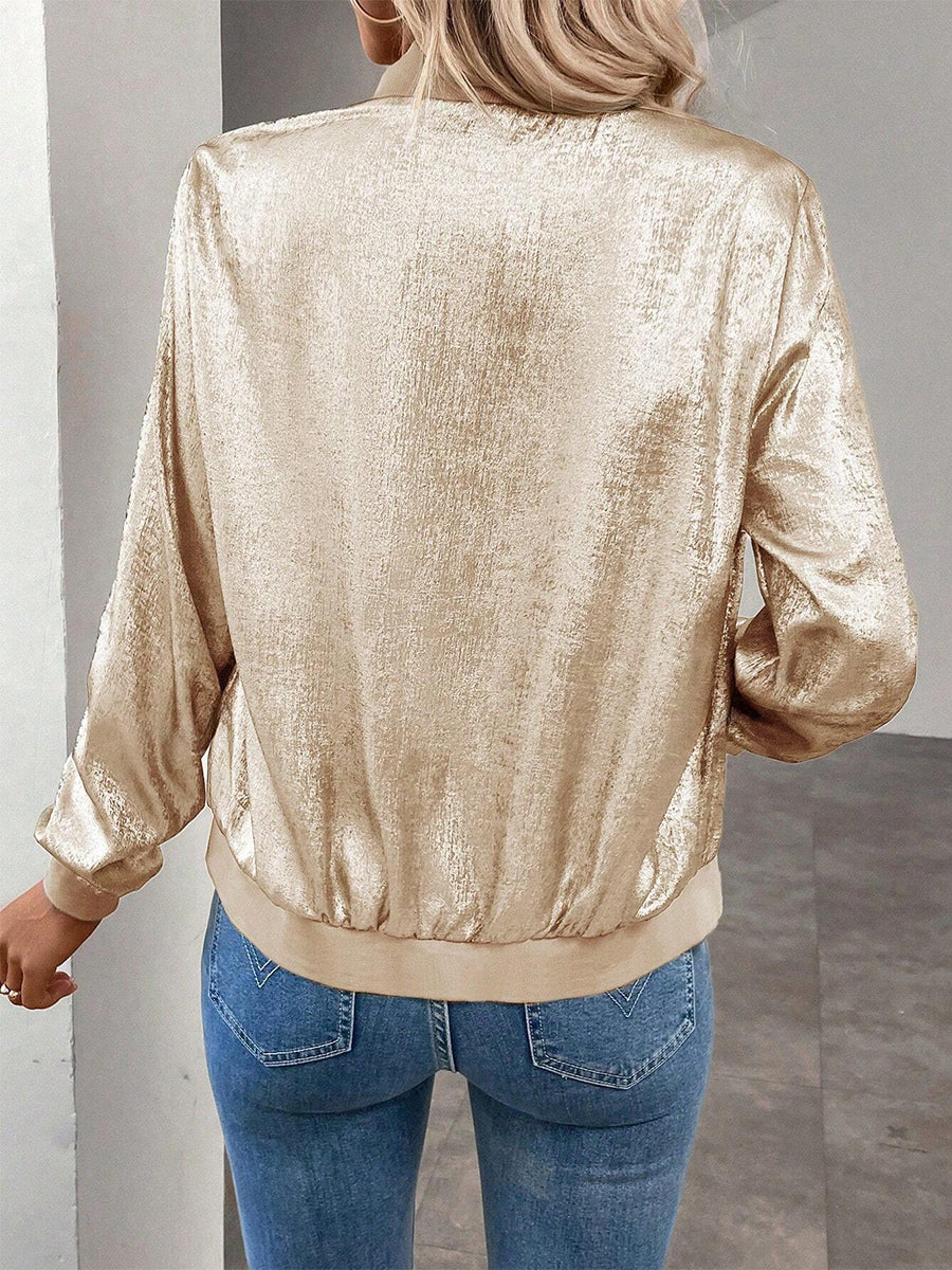 Champagne Gold Women's Bomber Jacket - Zip Up Ribbed Trim Slim Fit - Metallic Spring Party Outerwear 2026
