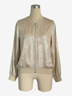 Champagne Gold Women's Bomber Jacket - Zip Up Ribbed Trim Slim Fit - Metallic Spring Party Outerwear 2026