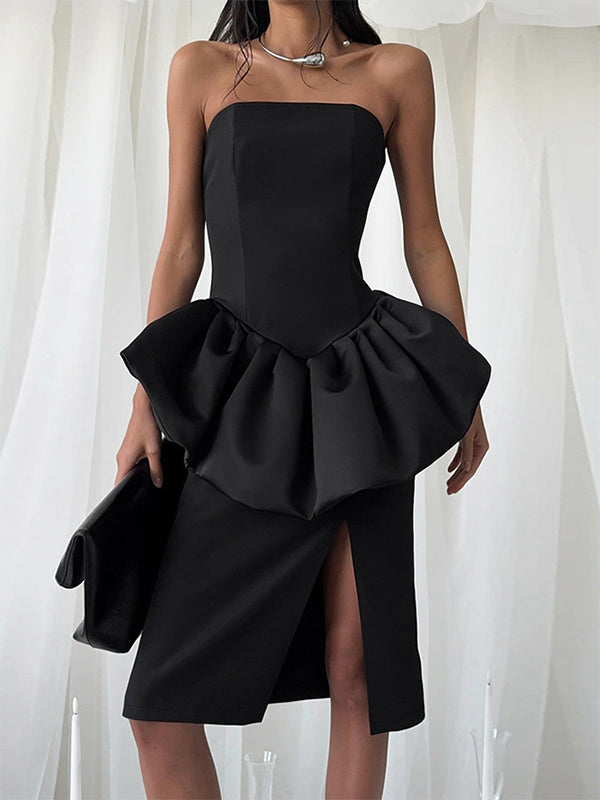 Elegant Women's 2 Piece Set - Vintage Peplum Tube Top & Side Slit Midi Skirt - Chic Summer Party Wear 2026