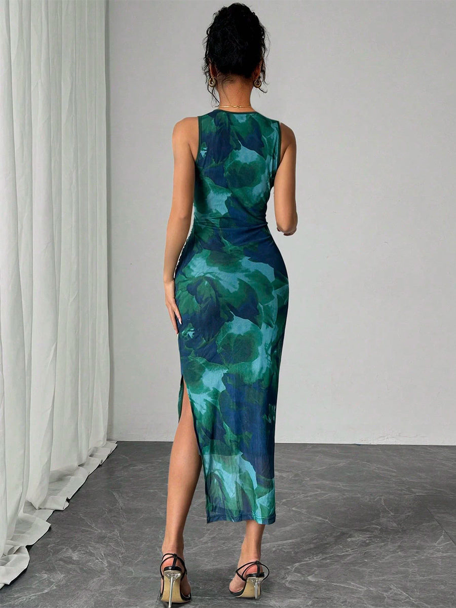 Green Floral Mesh Women Midi Dress - Elegant Ruched Sleeveless Side Slit - Vintage Aesthetic Summer Wedding Guest Dress 2026