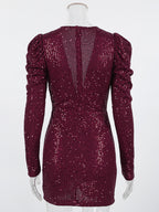 Sparkly Sequin Mini Dress For Women - Sexy Deep V Neck Long Sleeve Ruched Bodycon - Spring Cocktail Party Clubwear 2026