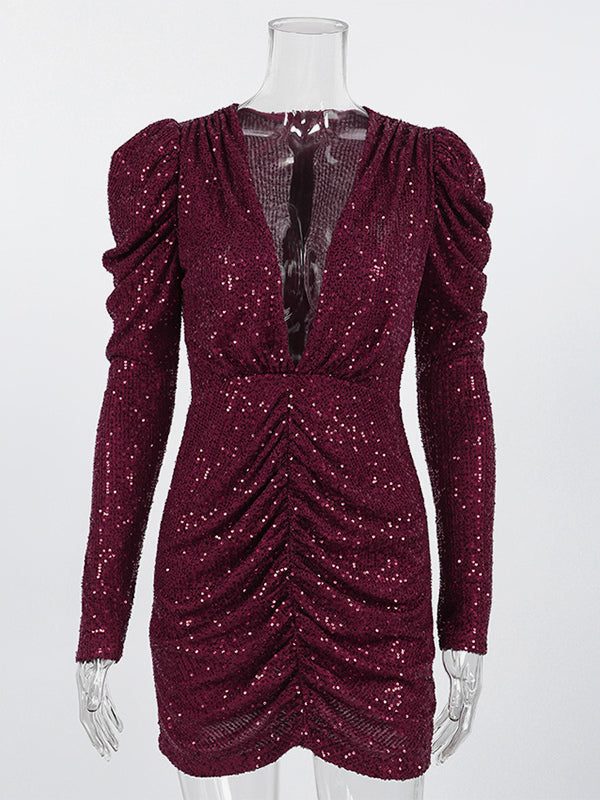 Sparkly Sequin Mini Dress For Women - Sexy Deep V Neck Long Sleeve Ruched Bodycon - Spring Cocktail Party Clubwear 2026