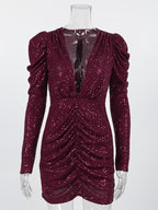 Sparkly Sequin Mini Dress For Women - Sexy Deep V Neck Long Sleeve Ruched Bodycon - Spring Cocktail Party Clubwear 2026