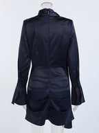 Navy Blue Satin Mini Dress For Women - Elegant Ruched Stand Collar Flare Sleeve - Spring Cocktail Party 2026
