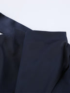 Navy Blue Satin Mini Dress For Women - Elegant Ruched Stand Collar Flare Sleeve - Spring Cocktail Party 2026