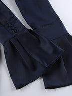 Navy Blue Satin Mini Dress For Women - Elegant Ruched Stand Collar Flare Sleeve - Spring Cocktail Party 2026