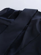 Navy Blue Satin Mini Dress For Women - Elegant Ruched Stand Collar Flare Sleeve - Spring Cocktail Party 2026