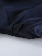 Navy Blue Satin Mini Dress For Women - Elegant Ruched Stand Collar Flare Sleeve - Spring Cocktail Party 2026