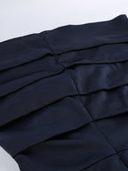 Navy Blue Satin Mini Dress For Women - Elegant Ruched Stand Collar Flare Sleeve - Spring Cocktail Party 2026