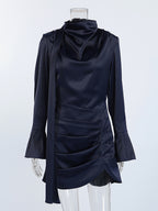 Navy Blue Satin Mini Dress For Women - Elegant Ruched Stand Collar Flare Sleeve - Spring Cocktail Party 2026