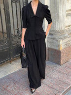 Sophisticated French Style Co-ord Set Women - Puff Sleeve Notch Collar Top Black Wide Leg Pants - Summer Workwear 2026