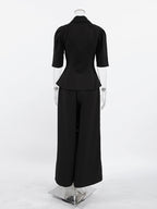 Sophisticated French Style Co-ord Set Women - Puff Sleeve Notch Collar Top Black Wide Leg Pants - Summer Workwear 2026