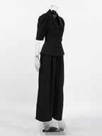 Sophisticated French Style Co-ord Set Women - Puff Sleeve Notch Collar Top Black Wide Leg Pants - Summer Workwear 2026