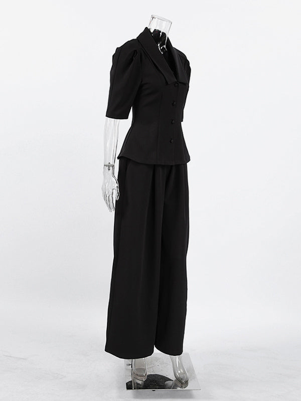 Sophisticated French Style Co-ord Set Women - Puff Sleeve Notch Collar Top Black Wide Leg Pants - Summer Workwear 2026