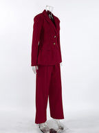 Classy Power Suit Women Office Set - Wine Red Chic Notch Lapel Gold Button Wide Leg Pants - Spring Business Party 2026