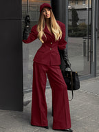 Classy Power Suit Women Office Set - Wine Red Chic Notch Lapel Gold Button Wide Leg Pants - Spring Business Party 2026