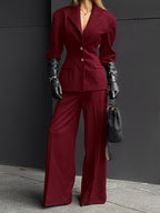 Classy Power Suit Women Office Set - Wine Red Chic Notch Lapel Gold Button Wide Leg Pants - Spring Business Party 2026