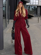 Classy Power Suit Women Office Set - Wine Red Chic Notch Lapel Gold Button Wide Leg Pants - Spring Business Party 2026
