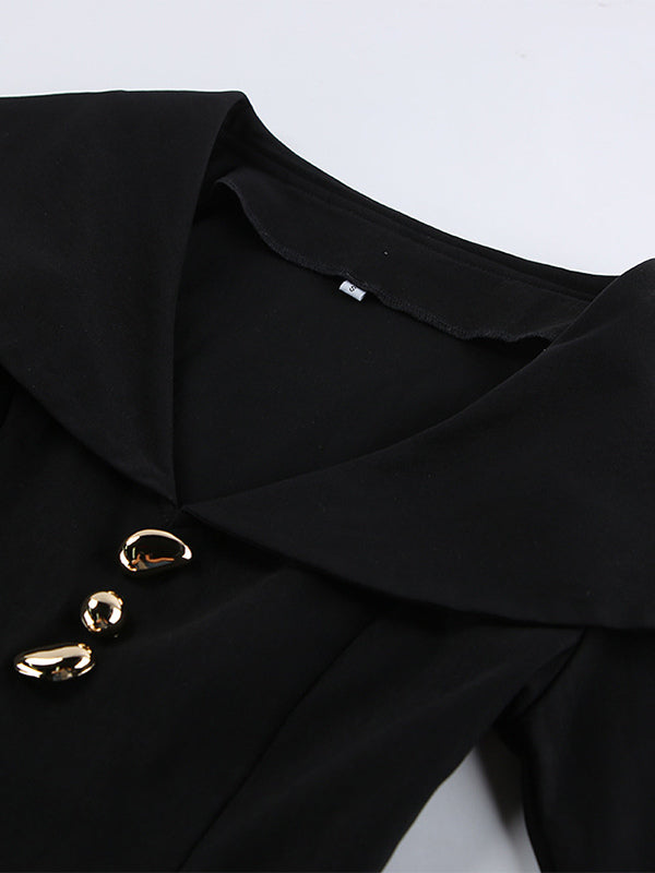 Elegant Two Piece Set Women Trouser Suit - Vintage Large Collar Gold Button Bell Sleeve - Spring Gala Evening Outfit 2026