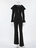Elegant Two Piece Set Women Trouser Suit - Vintage Large Collar Gold Button Bell Sleeve - Spring Gala Evening Outfit 2026